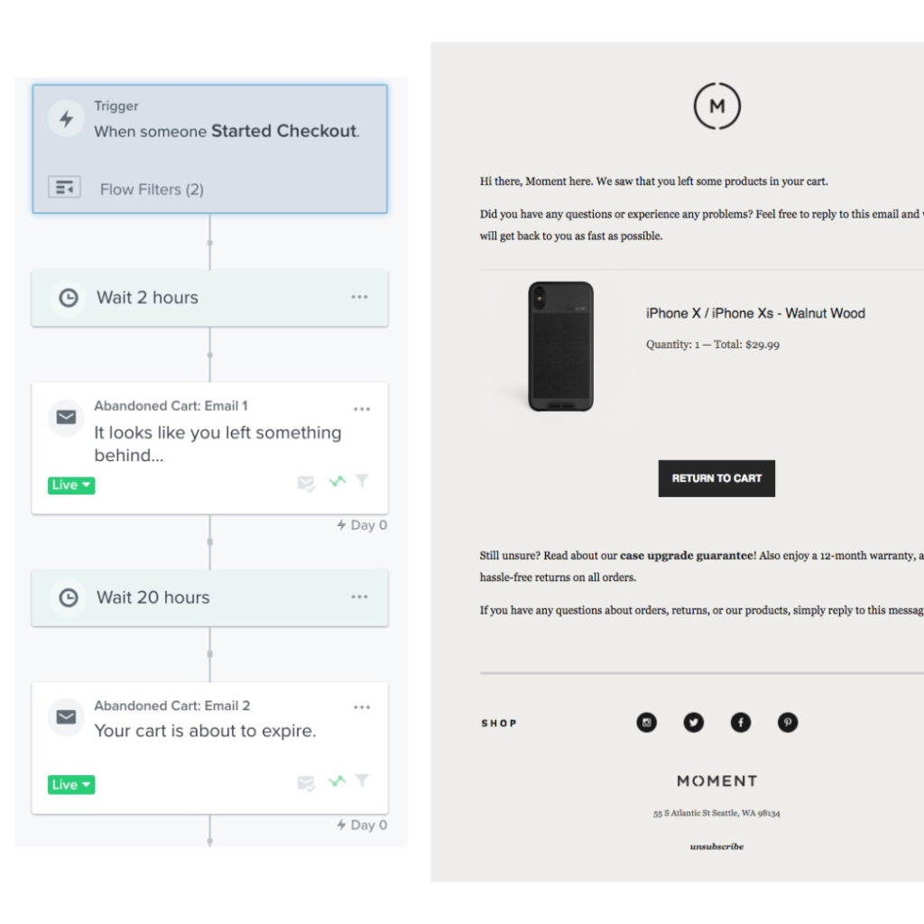 A sample cart recovery email flow in Klaviyo.