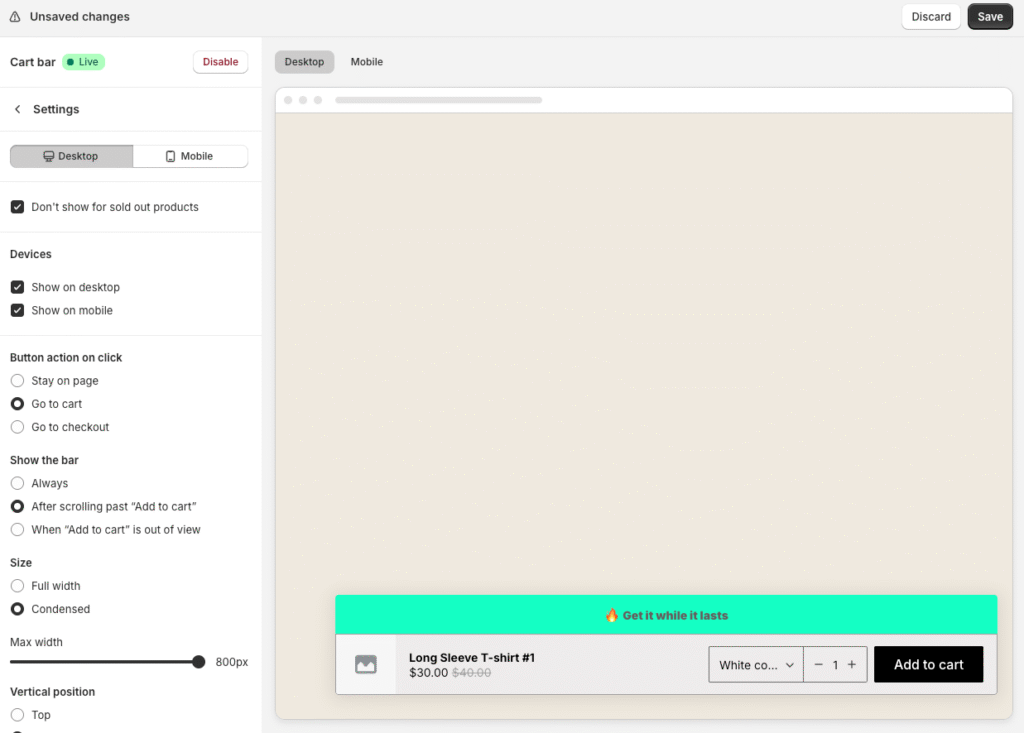 sticky add to cart for shopify settings